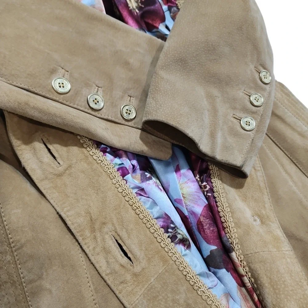 Bradley Bayou Trench Coat Womens Large Tan Suede Floral Lining Boho Chic Luxury